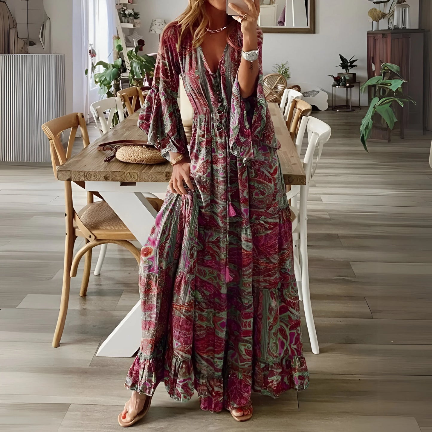 Léontine - Robe fleurie bohème à manches évasées