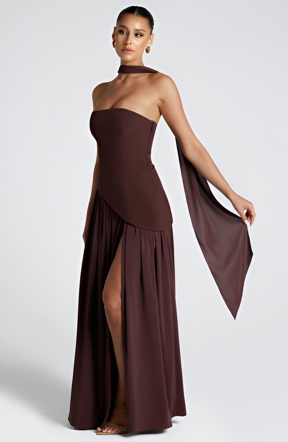 Isaline – Robe longue bustier en mousseline contrastée