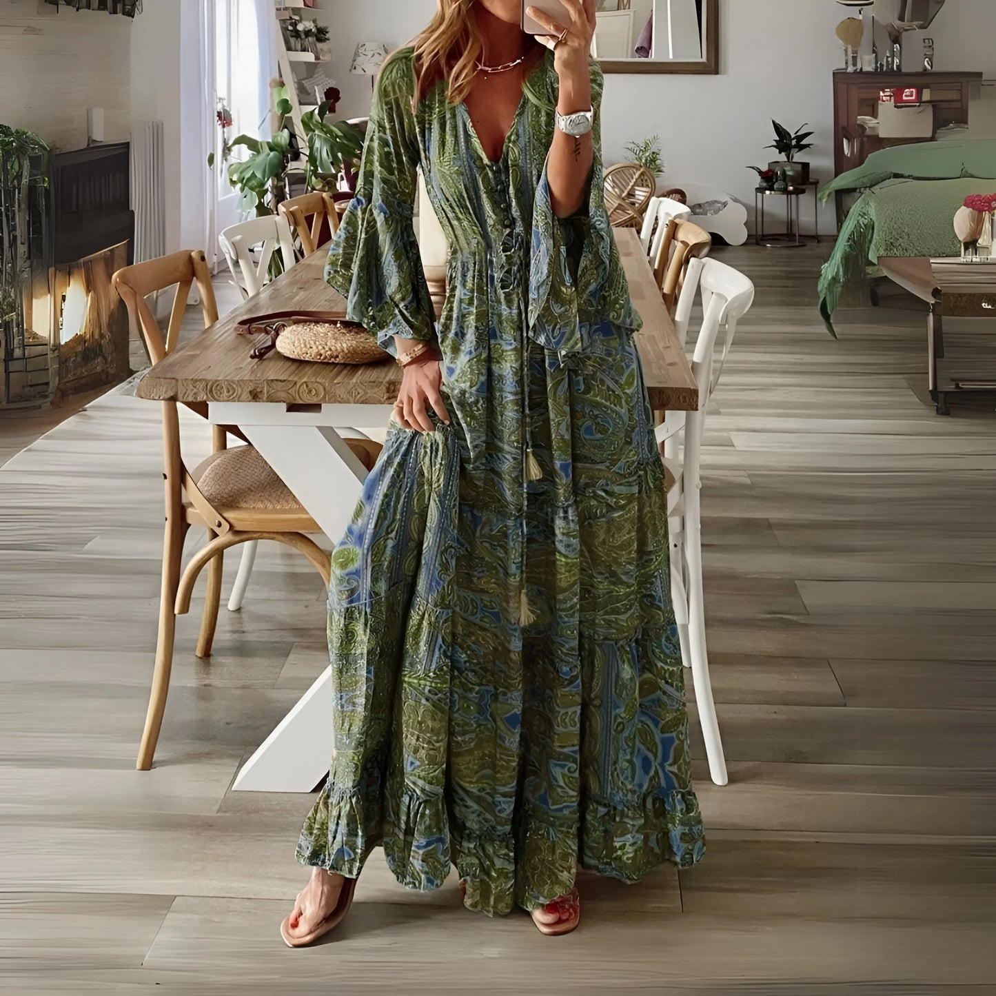 Léontine - Robe fleurie bohème à manches évasées