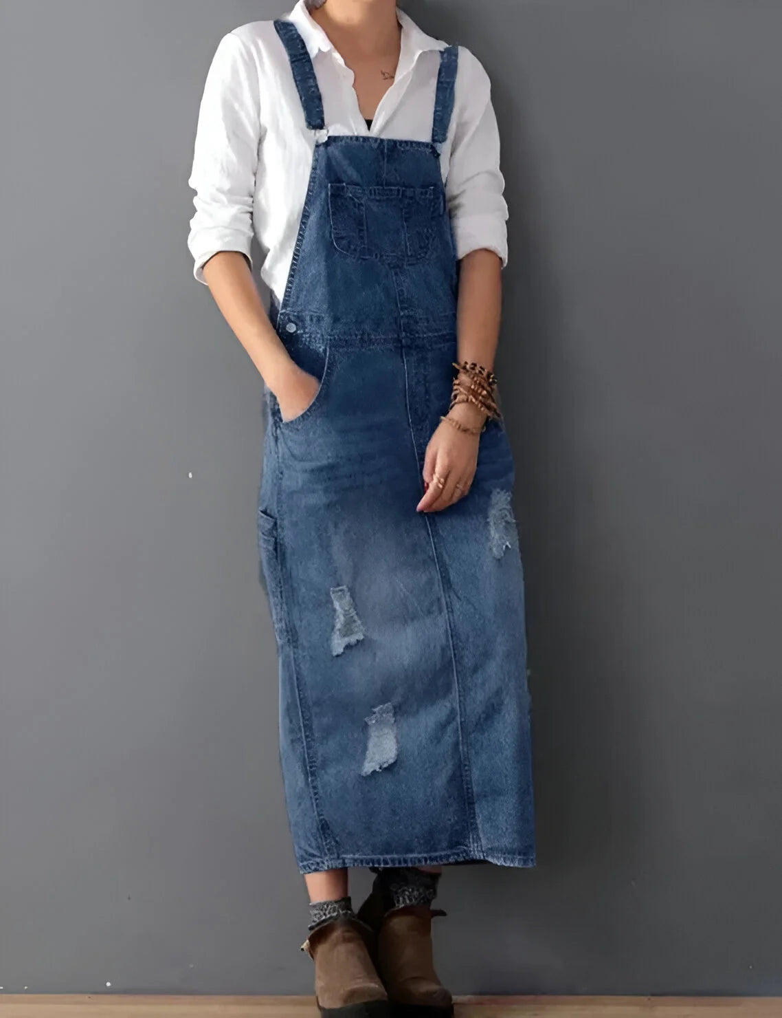 Aurélie - Robe salopette en jean effet vieilli pour femme