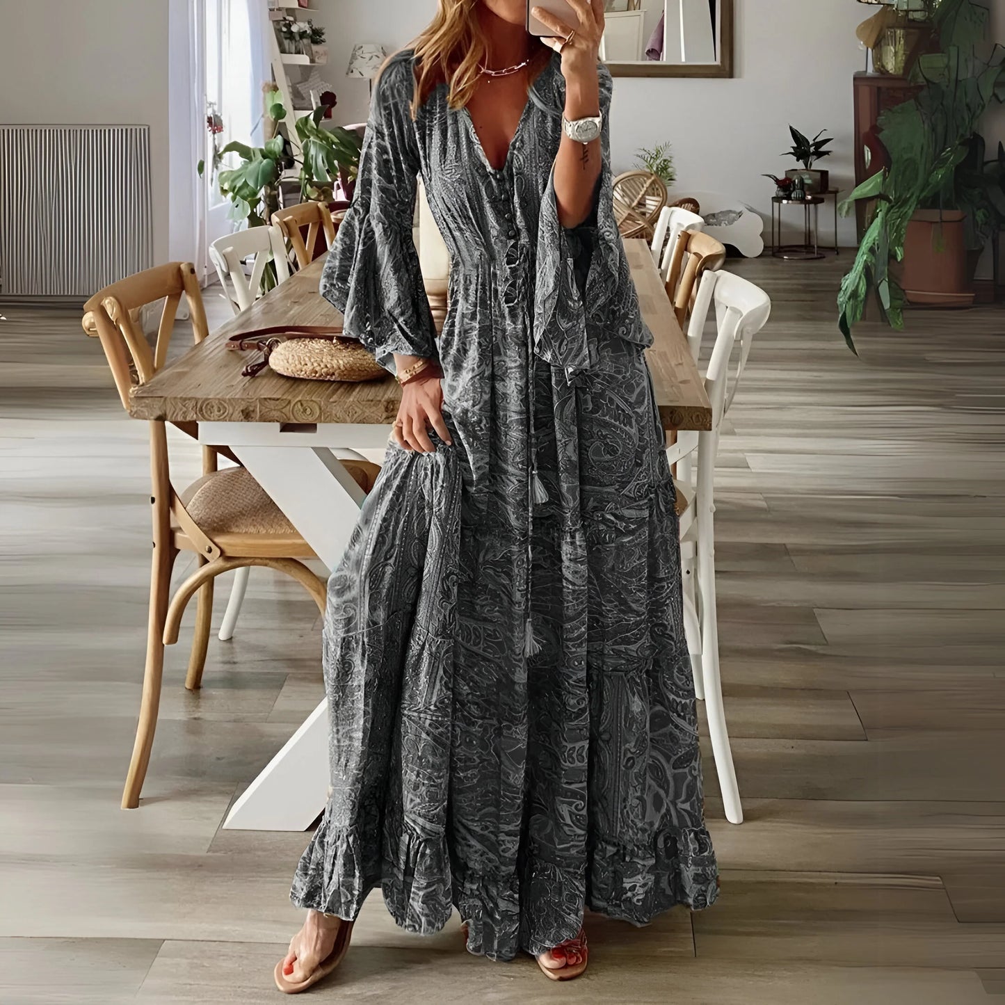 Léontine - Robe fleurie bohème à manches évasées