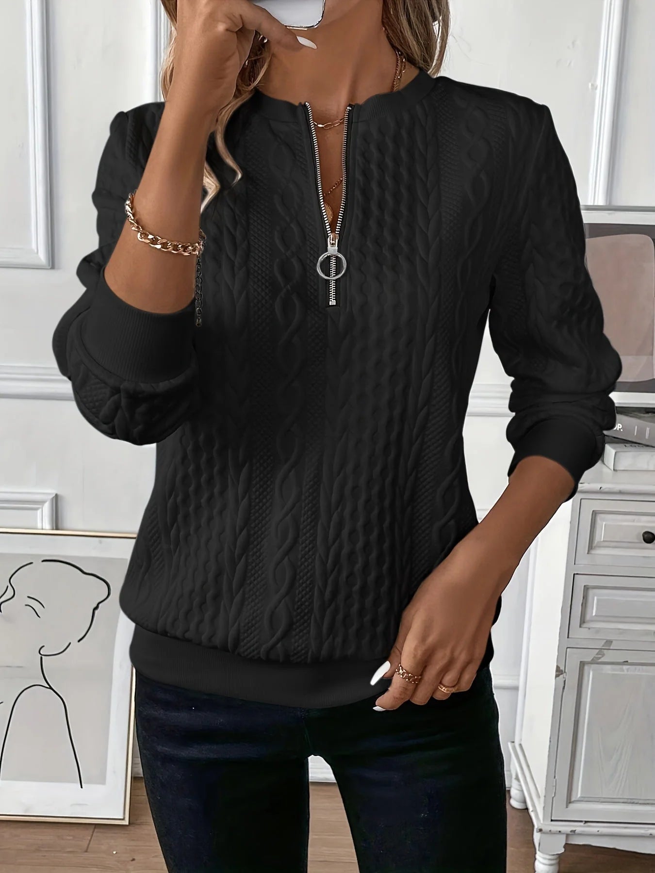 Sabine – Pull zippé en maille torsadée chic