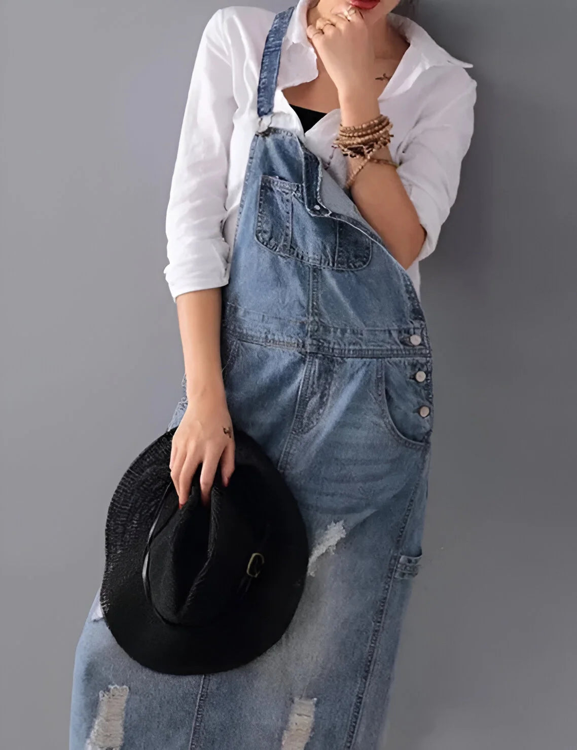 Aurélie - Robe salopette en jean effet vieilli pour femme