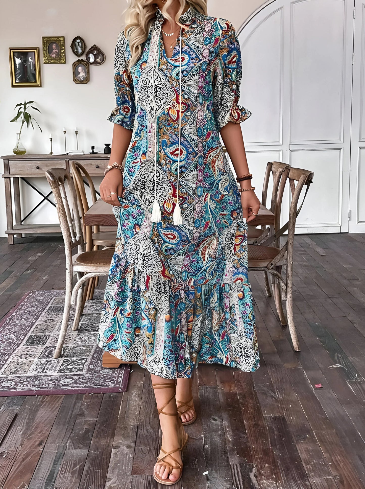 Florine - Robe mi-longue bohème imprimée pour les vacances