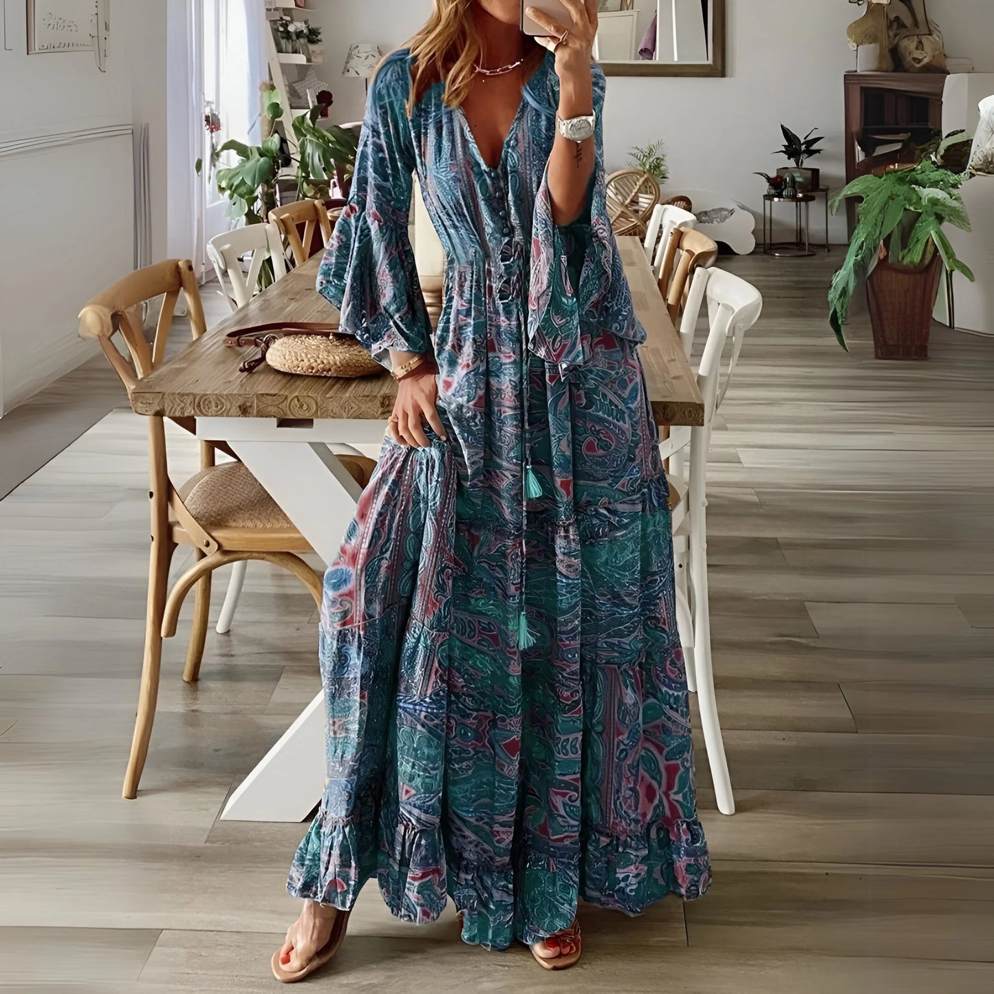 Léontine - Robe fleurie bohème à manches évasées