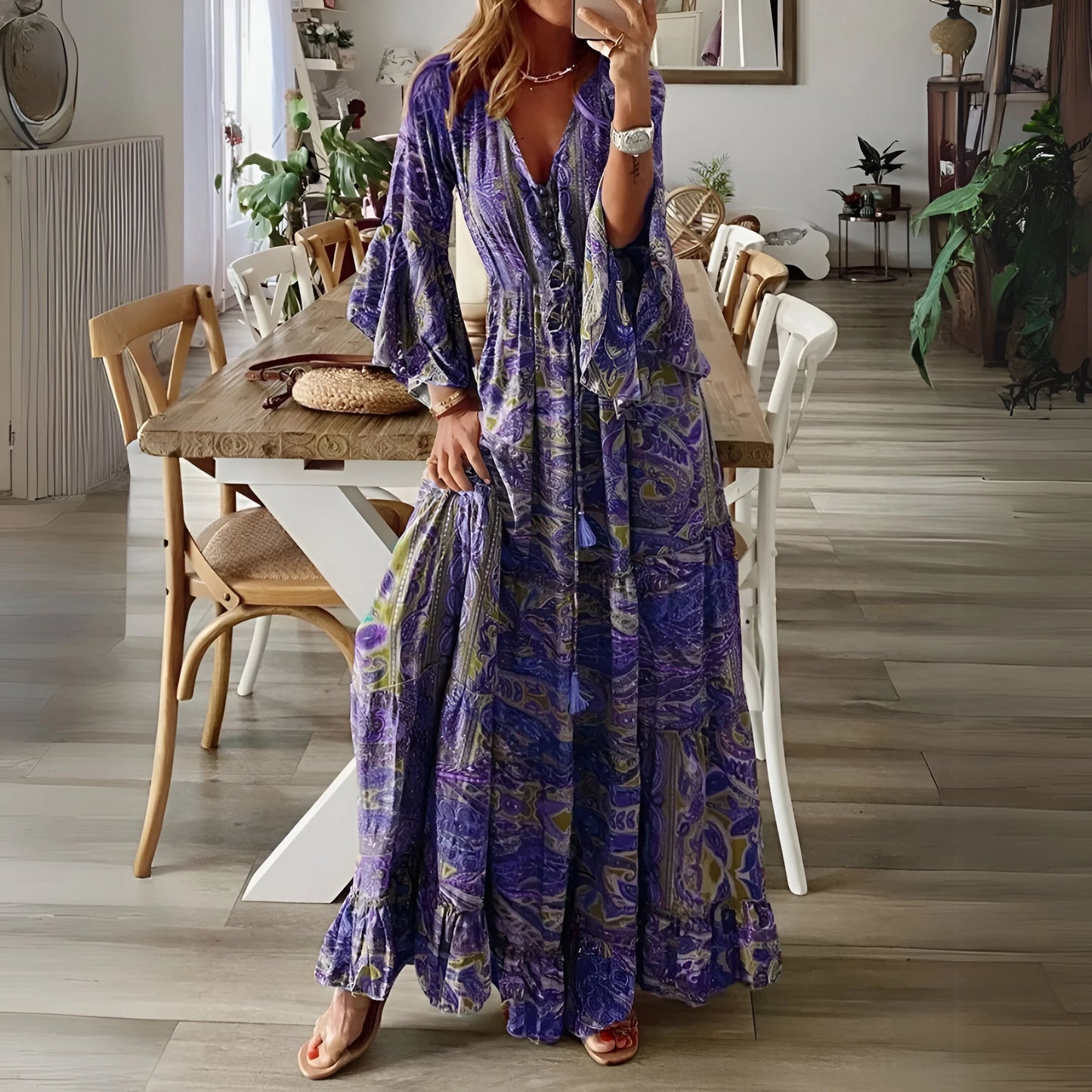 Léontine - Robe fleurie bohème à manches évasées