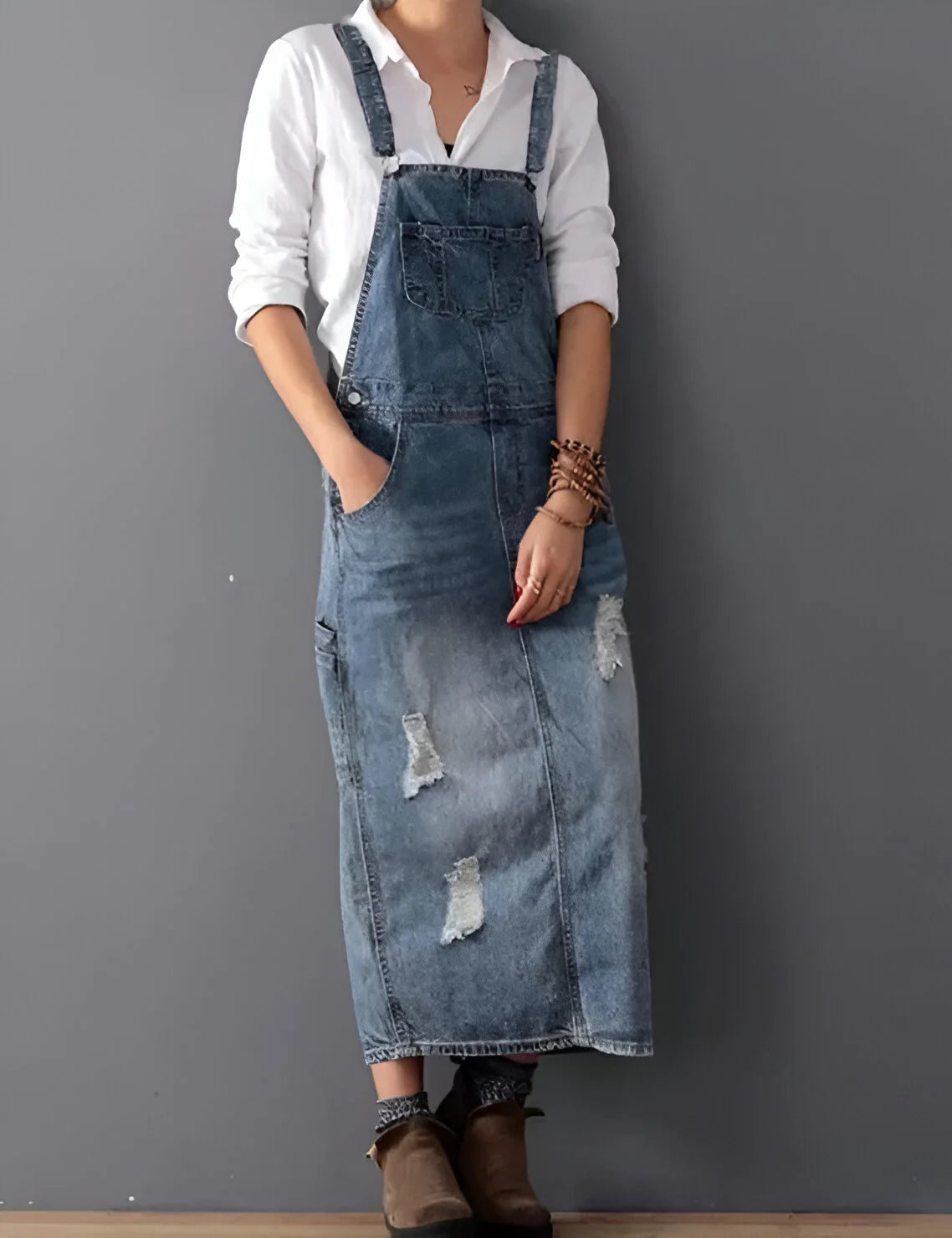 Aurélie - Robe salopette en jean effet vieilli pour femme