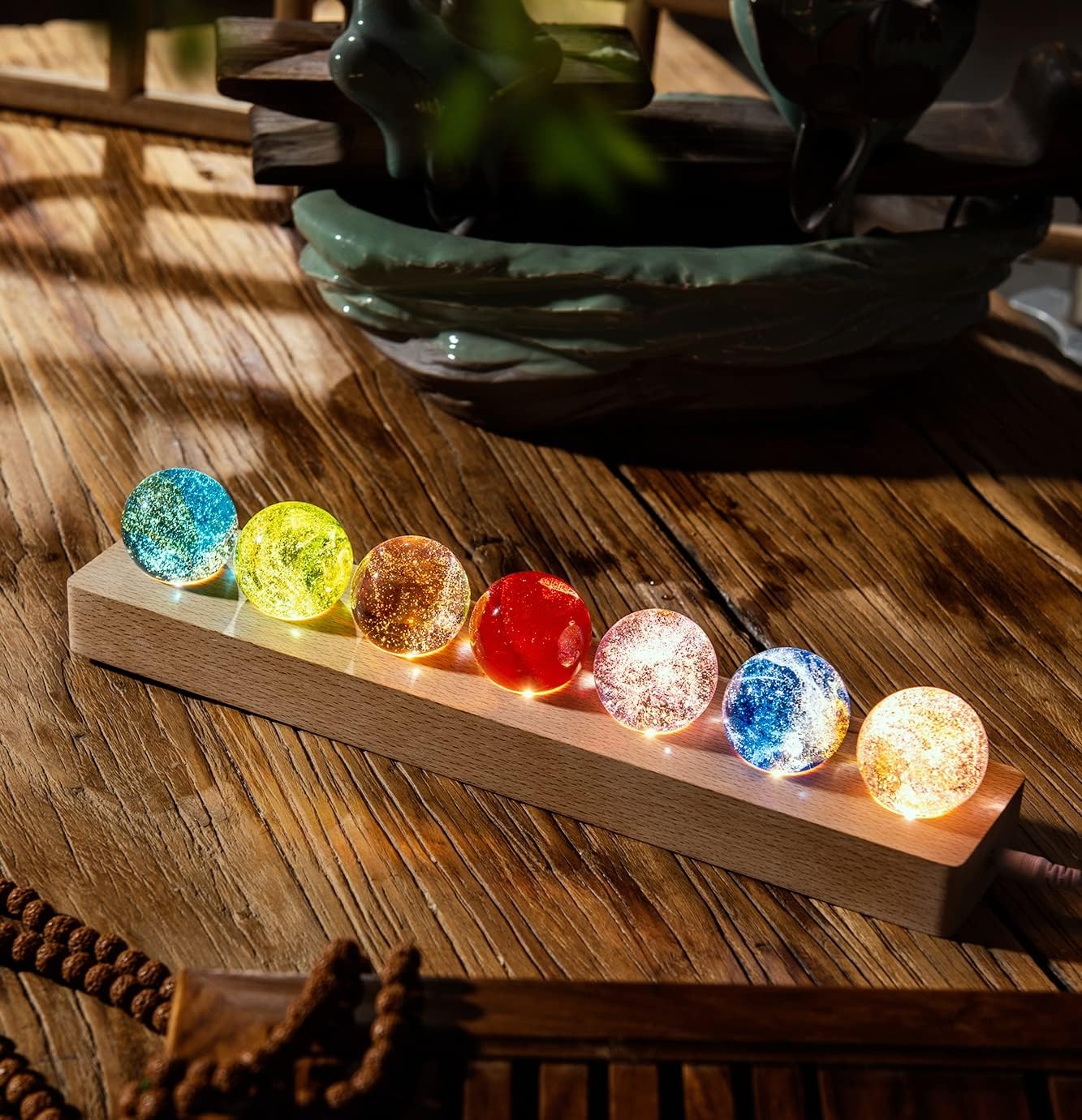 Crystal Glass Luminary Sphere Set with Wooden Base