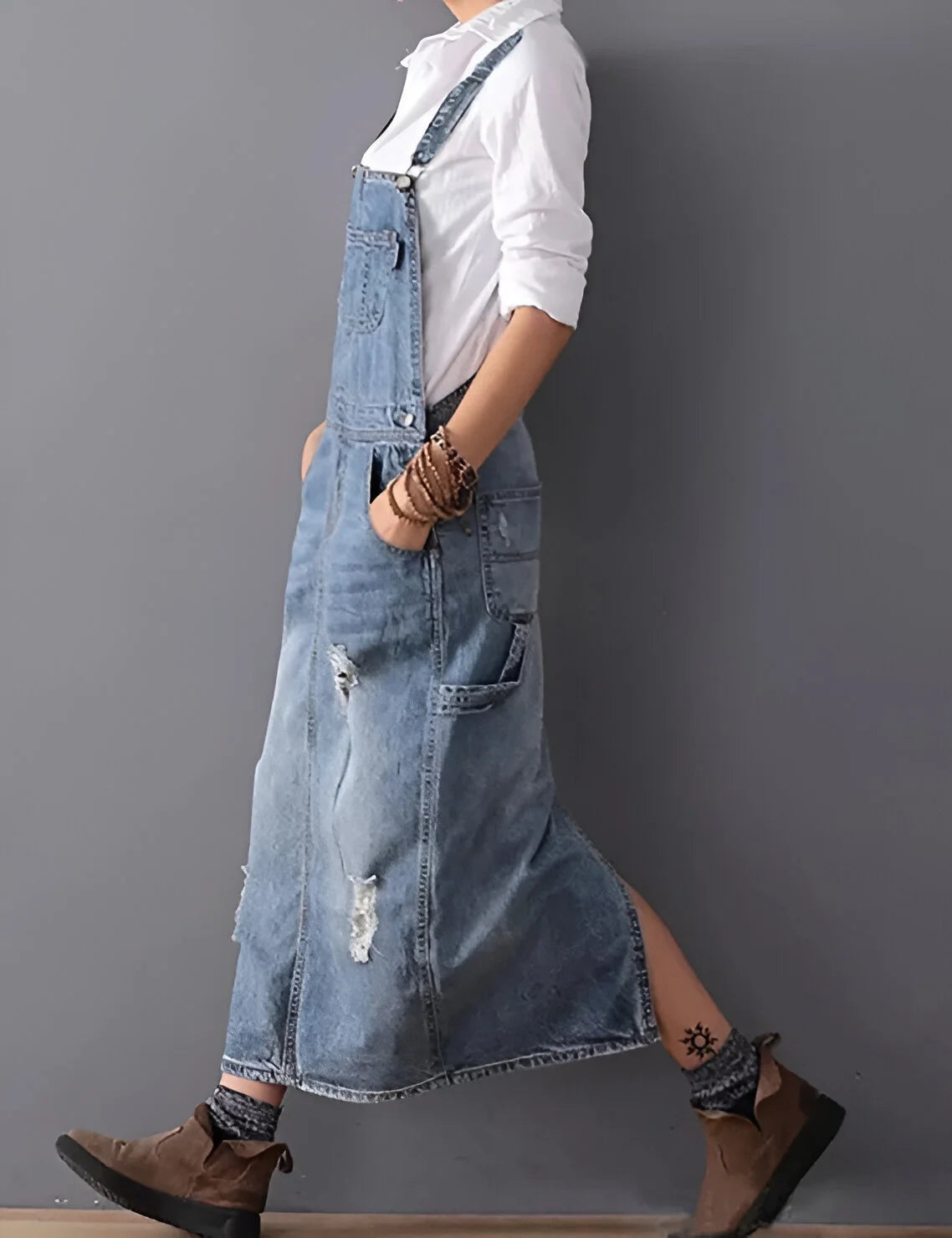 Aurélie - Robe salopette en jean effet vieilli pour femme