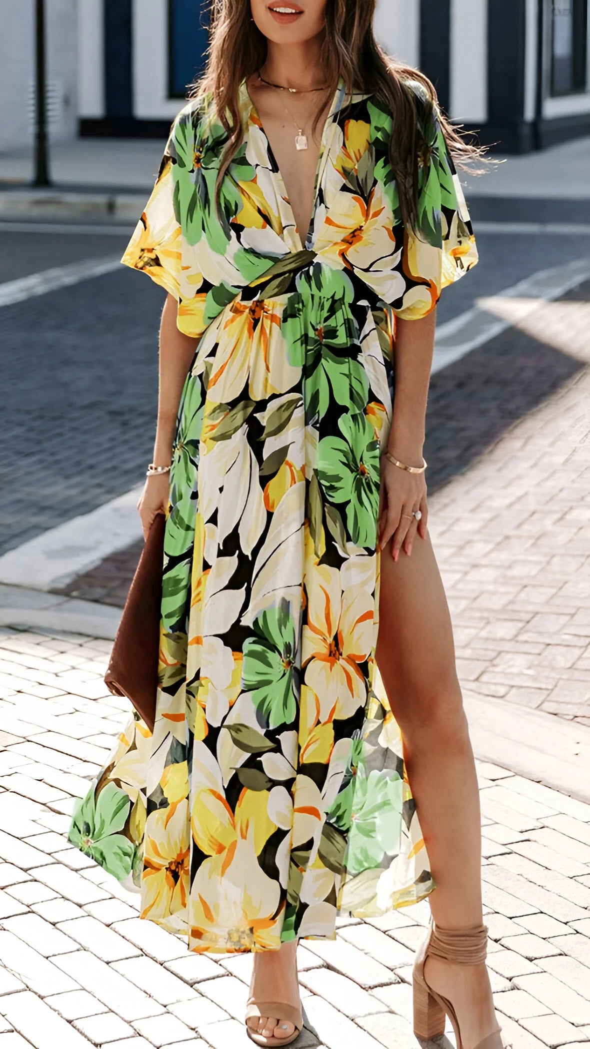 Alizée - Robe longue florale bohème à col en V profond