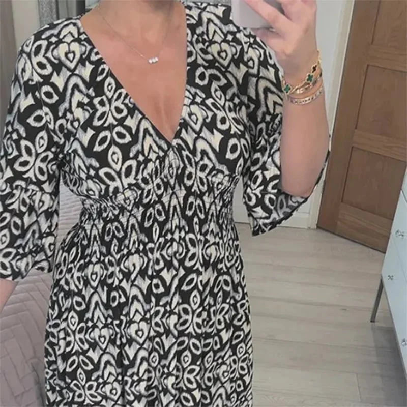 Robe mi-longue imprimée à taille haute et col en V Adelie
