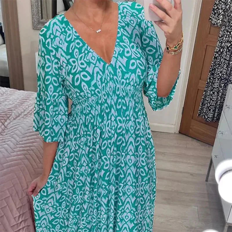 Robe mi-longue imprimée à taille haute et col en V Adelie