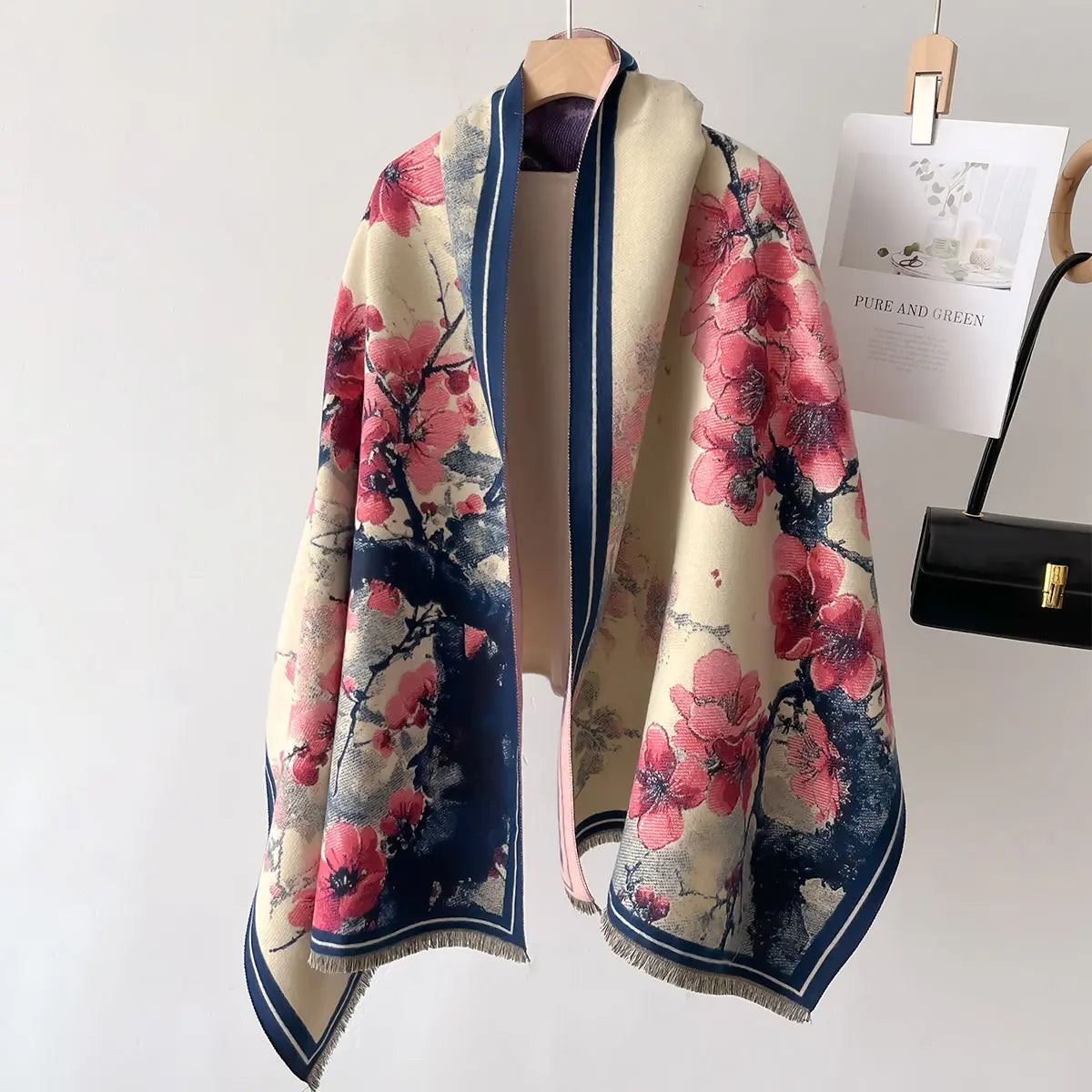Jeanne - Écharpe vintage en fleurs de pêcher | Écharpe élégante et chaude pour l'automne et l'hiver
