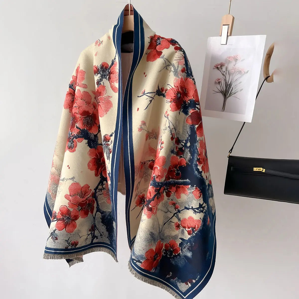 Jeanne - Écharpe vintage en fleurs de pêcher | Écharpe élégante et chaude pour l'automne et l'hiver