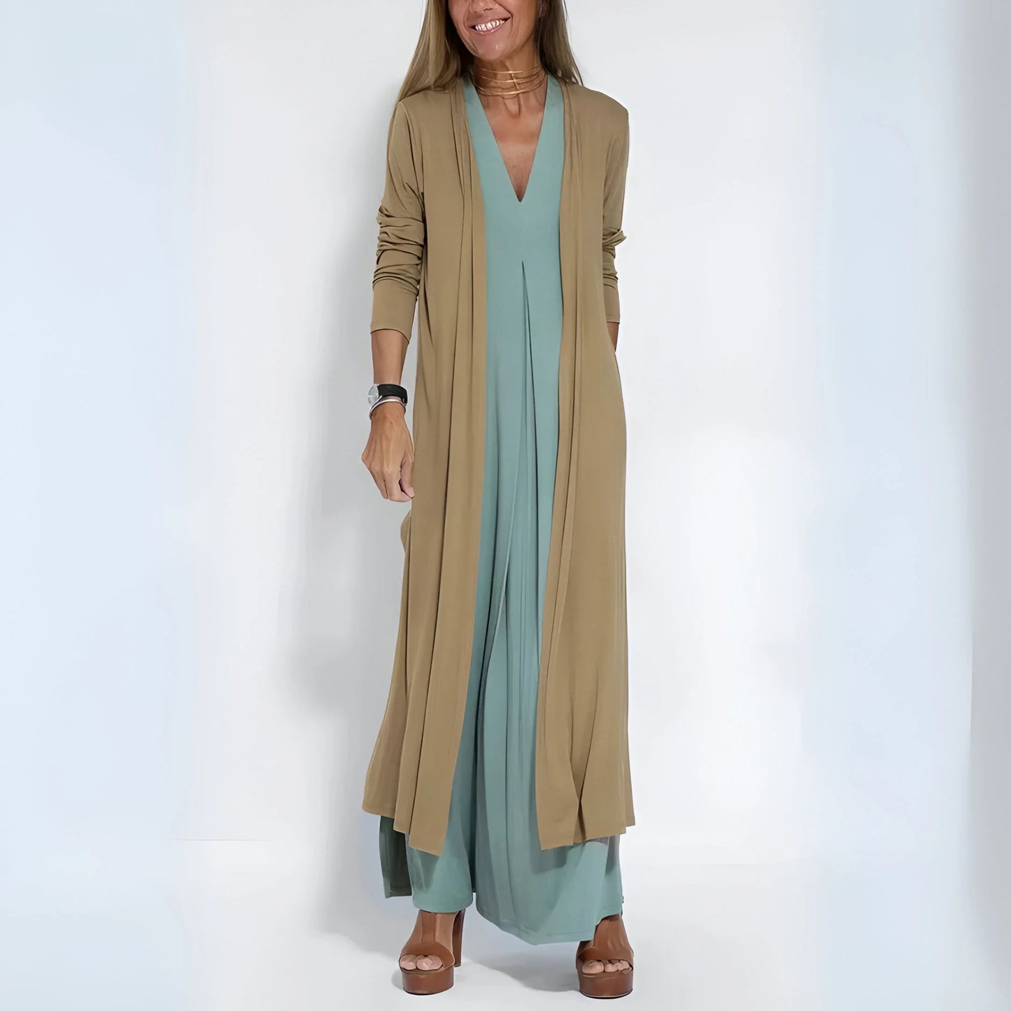 Noémie – Draped Maxi Dress with Matching Cardigan