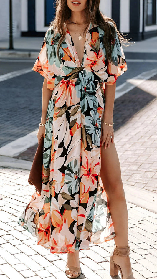 Alizée - Bohemian Deep V-Neck Floral Maxi Dress