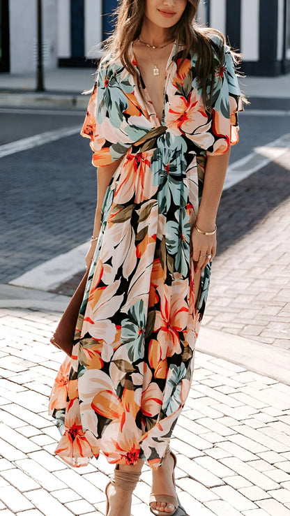 Alizée - Bohemian Deep V-Neck Floral Maxi Dress