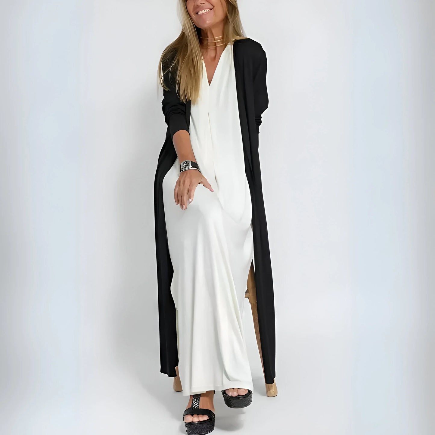 Noémie – Draped Maxi Dress with Matching Cardigan