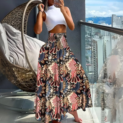 Amélina - Jupe taille haute élastique style bohème fleuri