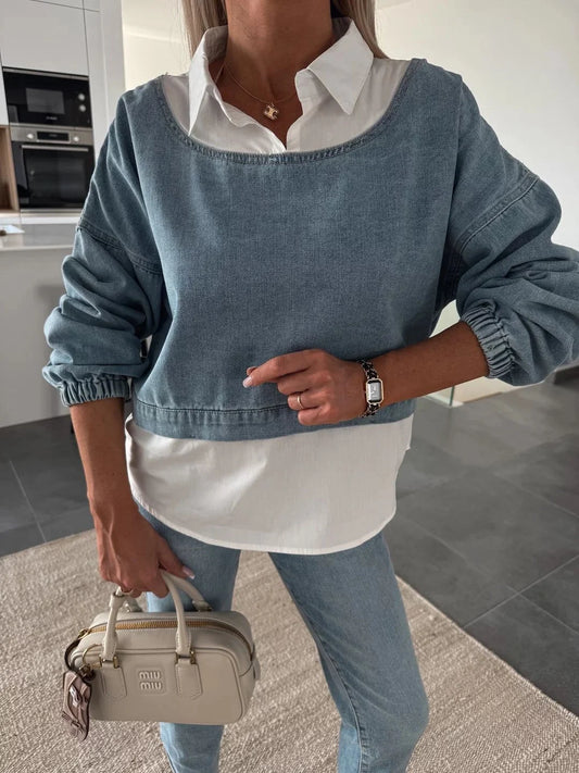 Sweat-shirt court en jean décontracté