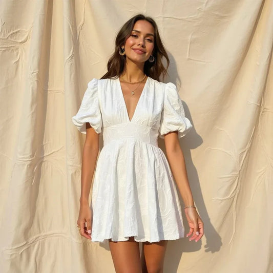 Aurélie – Puff Sleeve Textured Floral Mini Dress