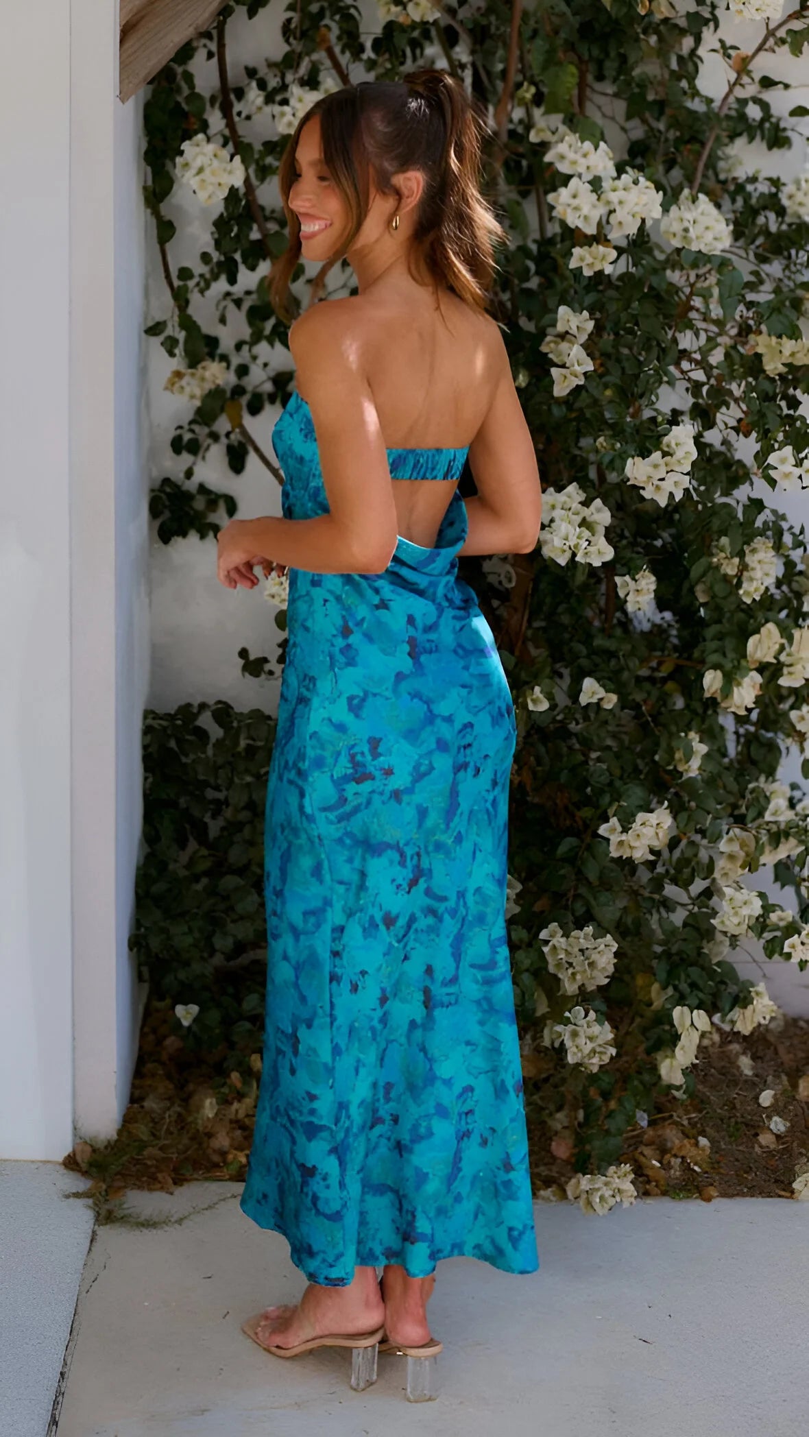 Violette - Robe dos nu en satin à imprimé floral