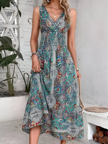 Anaëlle - Robe longue bohème sans manches imprimée