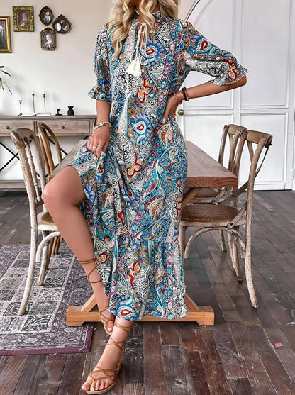 Florine - Printed Bohemian Vacation Midi Dress