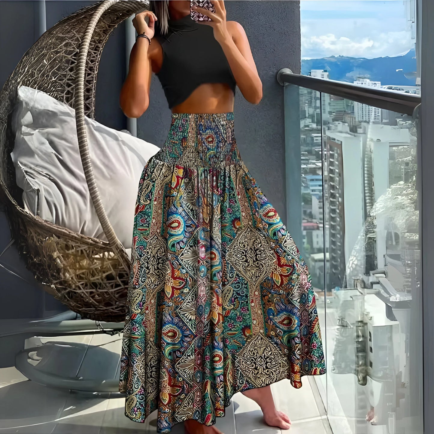 Amélina - Floral Bohemian Elastic High Waist Skirt