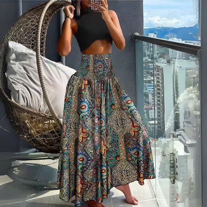Amélina - Jupe taille haute élastique style bohème fleuri