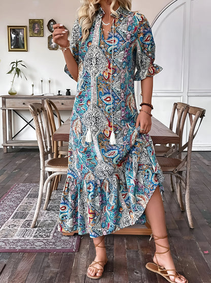 Florine - Printed Bohemian Vacation Midi Dress
