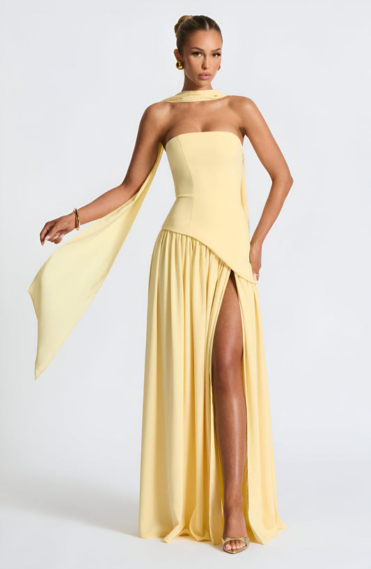 Isaline – Robe longue bustier en mousseline contrastée 