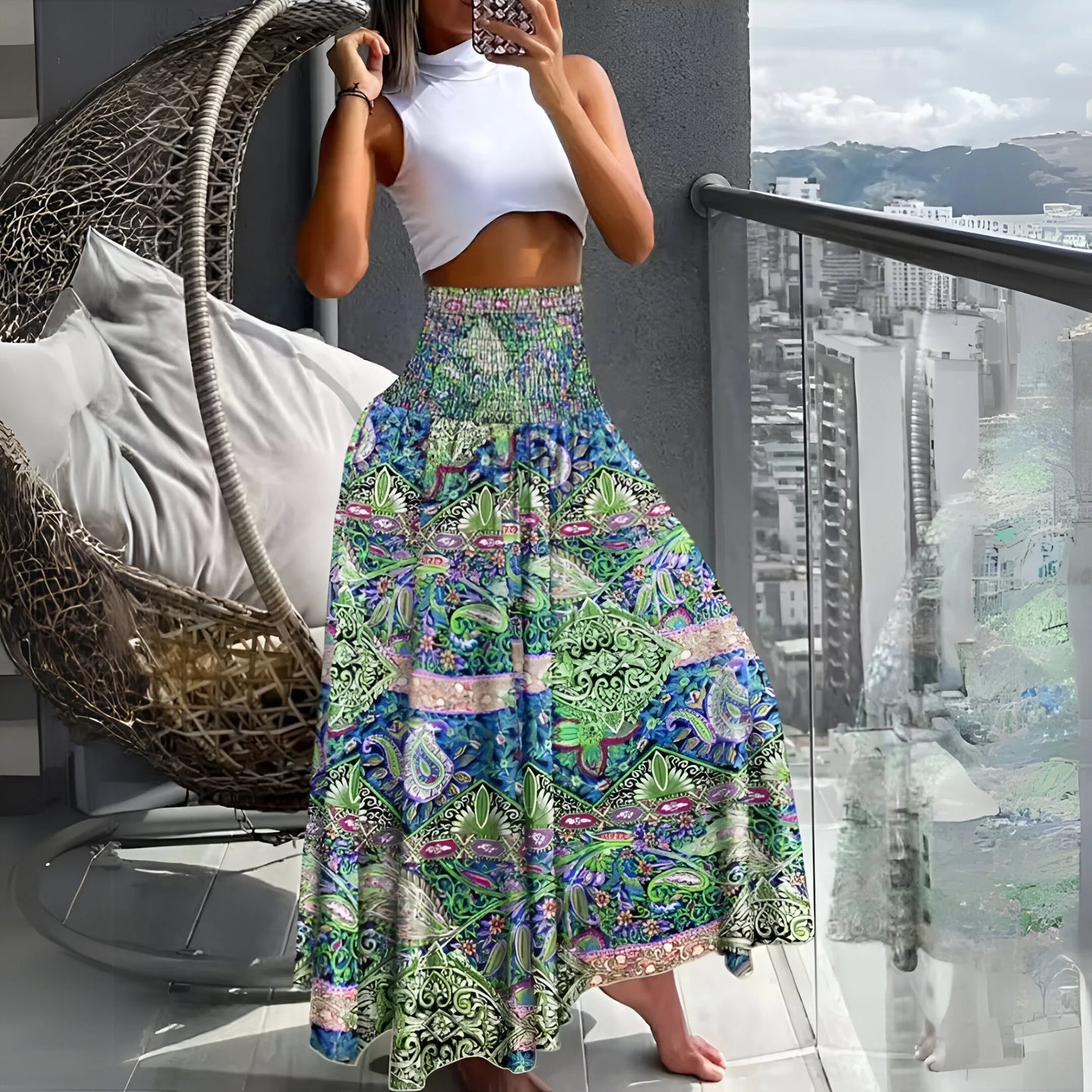 Amélina - Floral Bohemian Elastic High Waist Skirt
