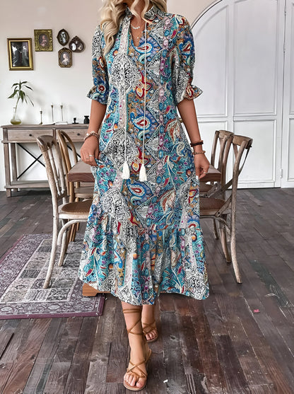 Florine - Printed Bohemian Vacation Midi Dress
