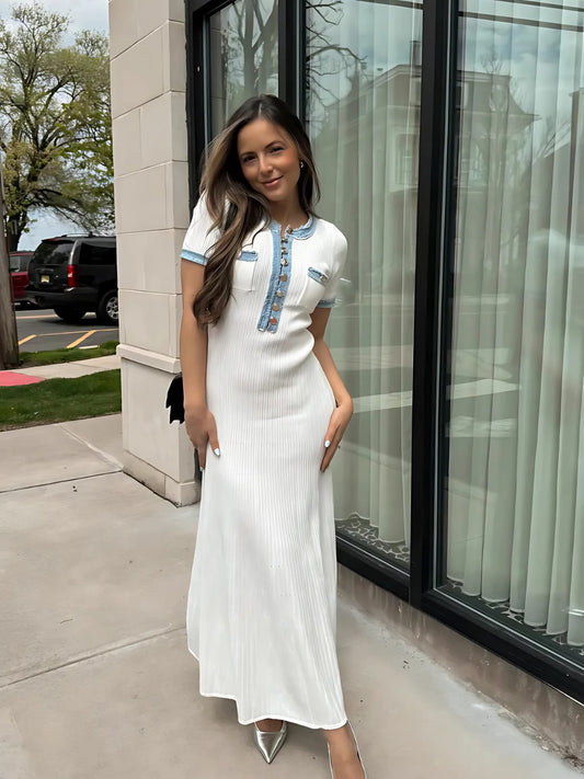 Élodie – Elegant Knit Maxi Dress with Contrast Trim