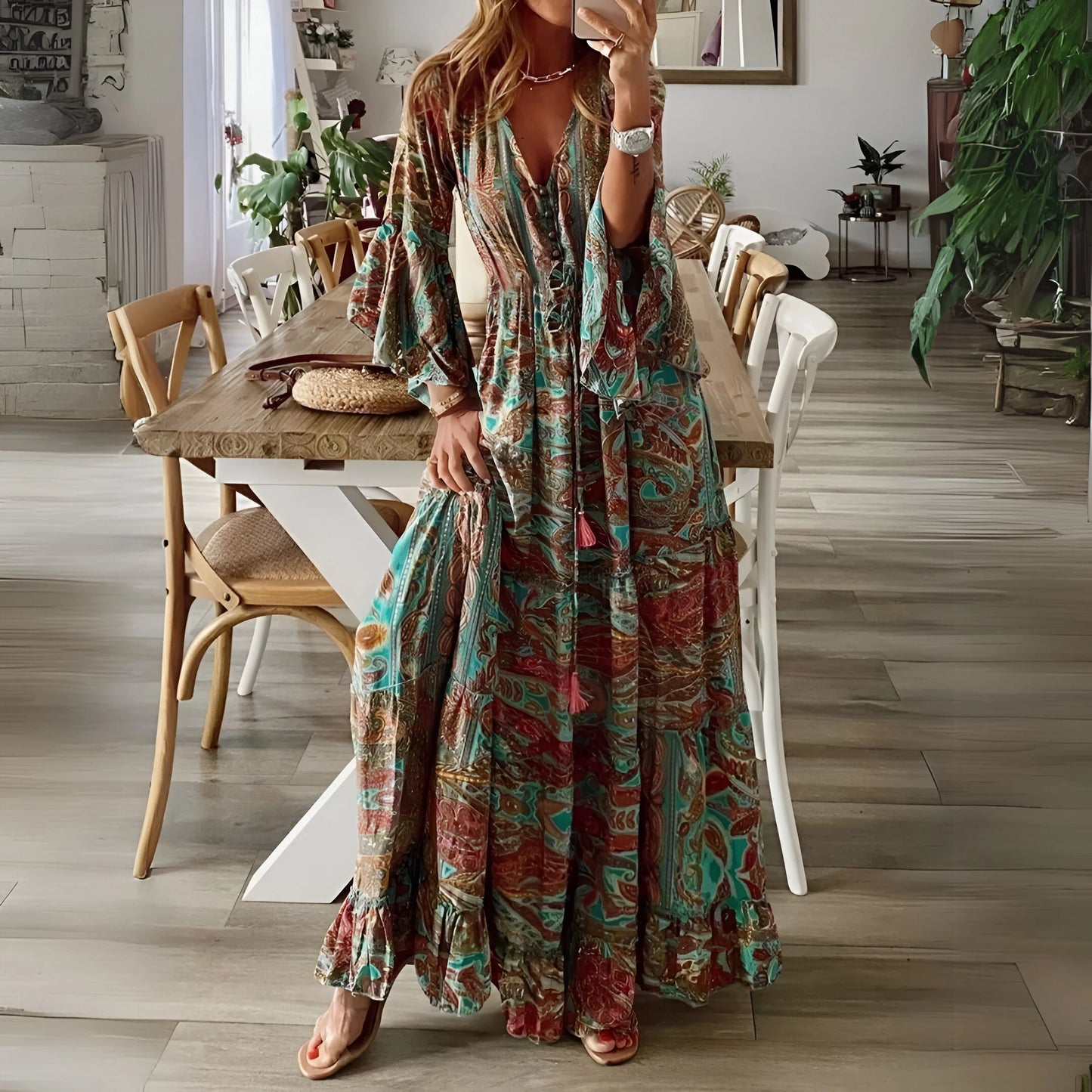 Léontine - Bohemian Flared Sleeve Floral Dress
