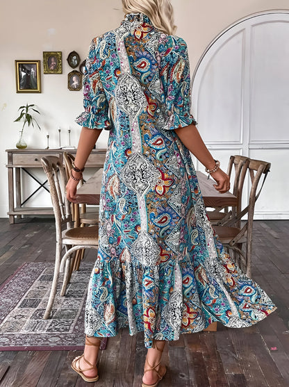 Florine - Printed Bohemian Vacation Midi Dress