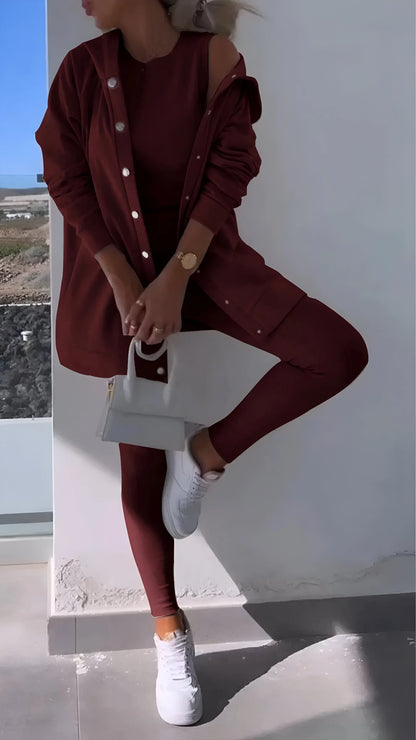 Fanny - Ensemble trois pièces cardigan à capuche décontracté