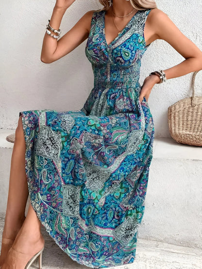 Anaëlle - Robe longue bohème sans manches imprimée