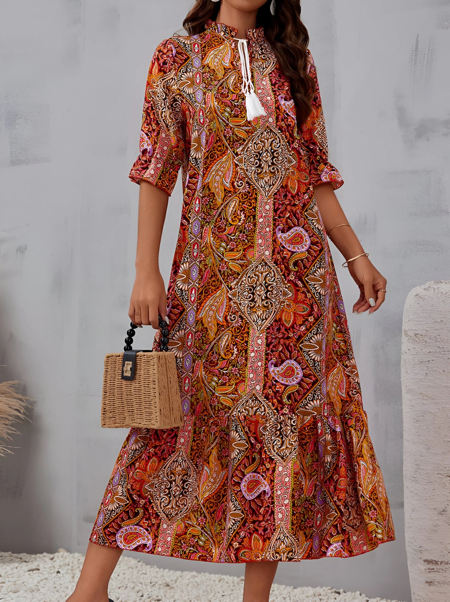 Florine - Printed Bohemian Vacation Midi Dress