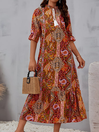 Florine - Printed Bohemian Vacation Midi Dress