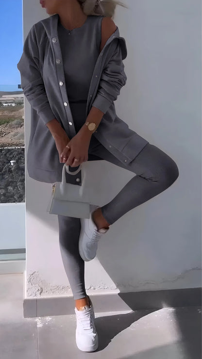 Fanny - Ensemble trois pièces cardigan à capuche décontracté