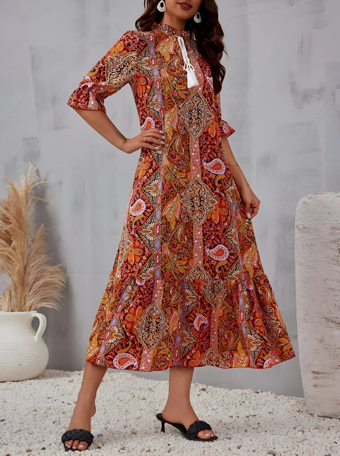 Florine - Printed Bohemian Vacation Midi Dress