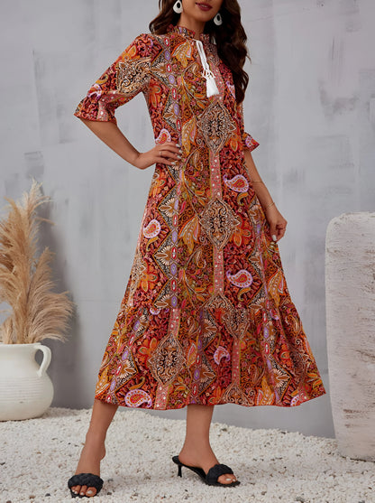 Florine - Printed Bohemian Vacation Midi Dress