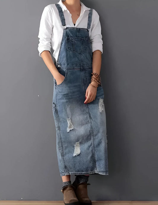 Aurélie - Robe salopette en jean effet vieilli pour femme