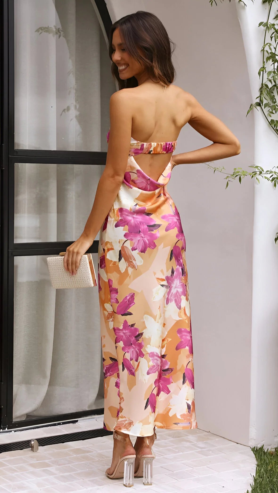 Violette - Robe dos nu en satin à imprimé floral