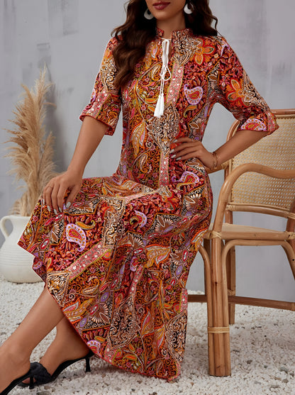 Florine - Printed Bohemian Vacation Midi Dress