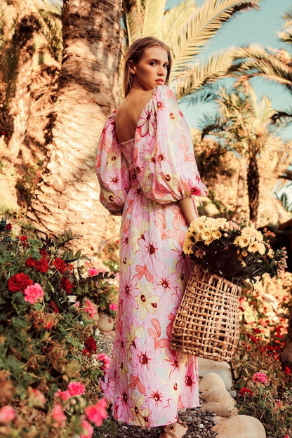 Breeze - Floral Puffed Sleeves Midi Dress