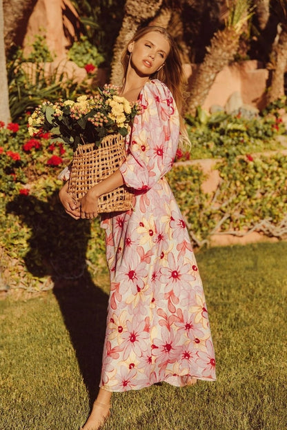 Breeze - Floral Puffed Sleeves Midi Dress