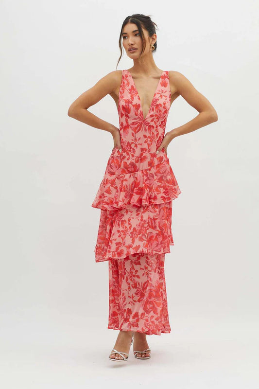 Robe longue à volants étagés | Motif floral | Légère et fluide
